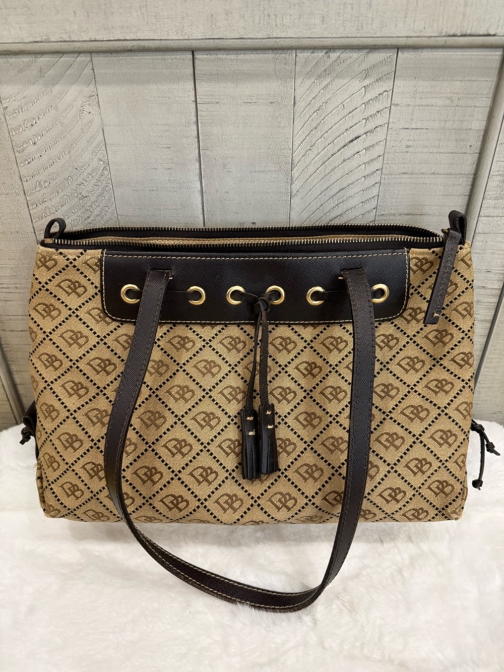 Dooney & Bourke Tan and Dark Brown Logo Tote with Tassel